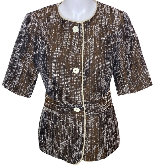 Yansi Fugel Jacket Kava Multi Brown Raffia Jacquard Inset Waist Short Sleeve  4 - Picture 1 of 6
